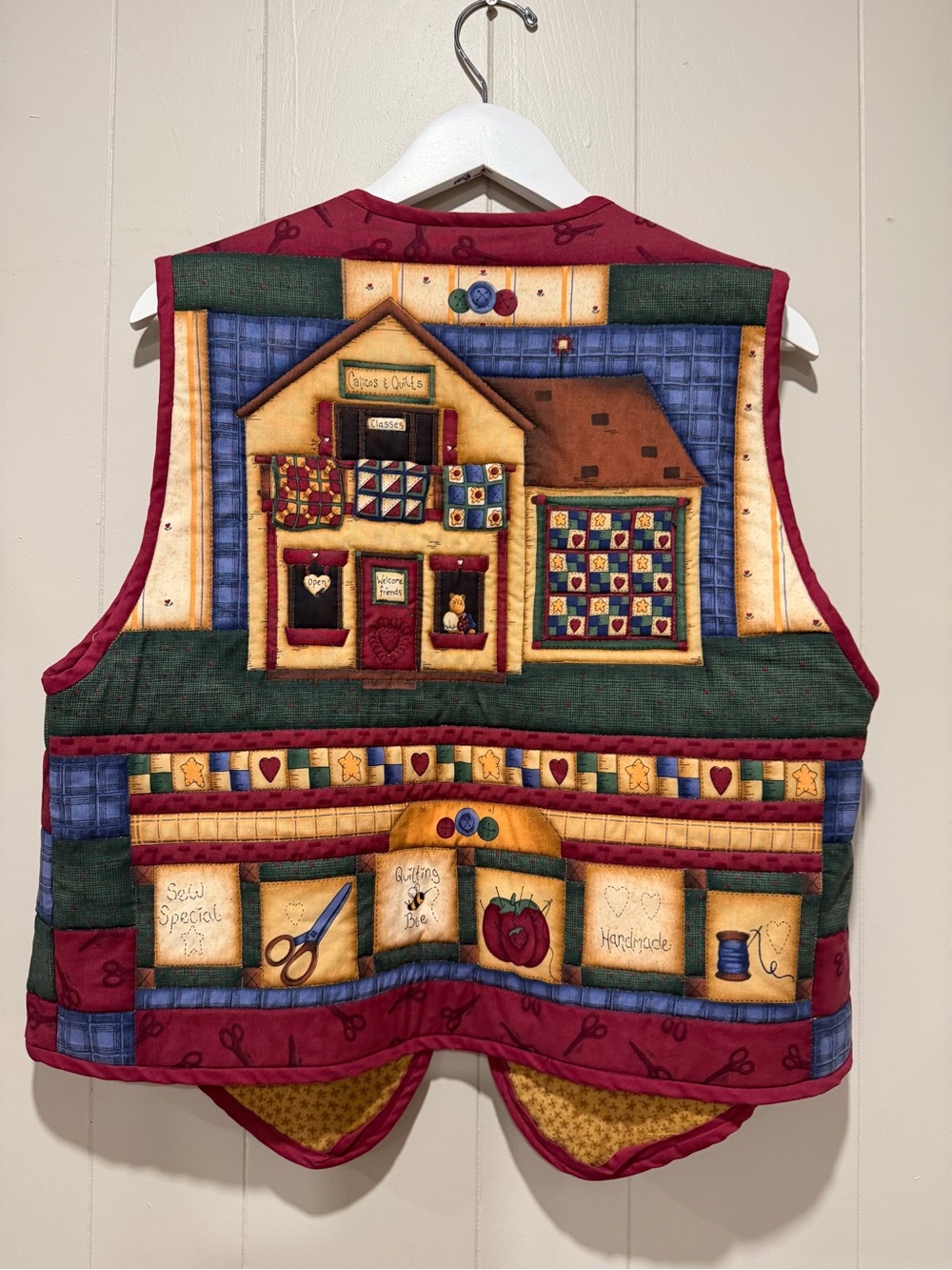 Quilted Folk Art Patchwork Vest in Burgundy and Mustard - Picture 5 of 6
